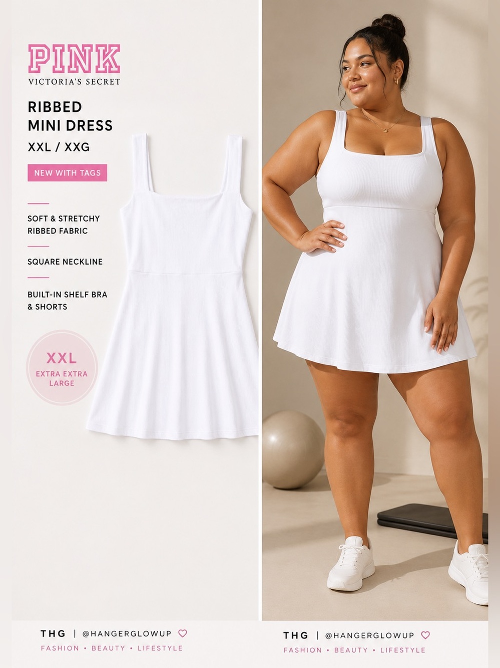PINK Ribbed Built-In Shorts Shelf Bra Mini Dress White XXL NWT Tennis